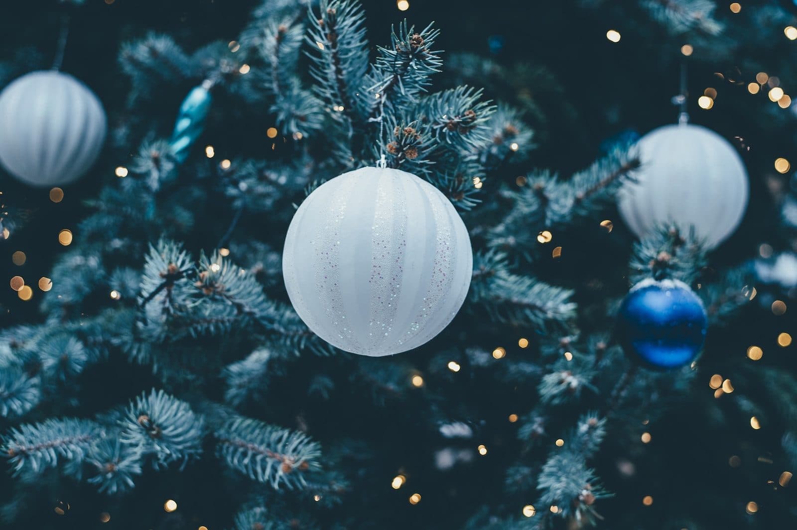 Boules de Noël blanches et bleues accrochées à un sapin